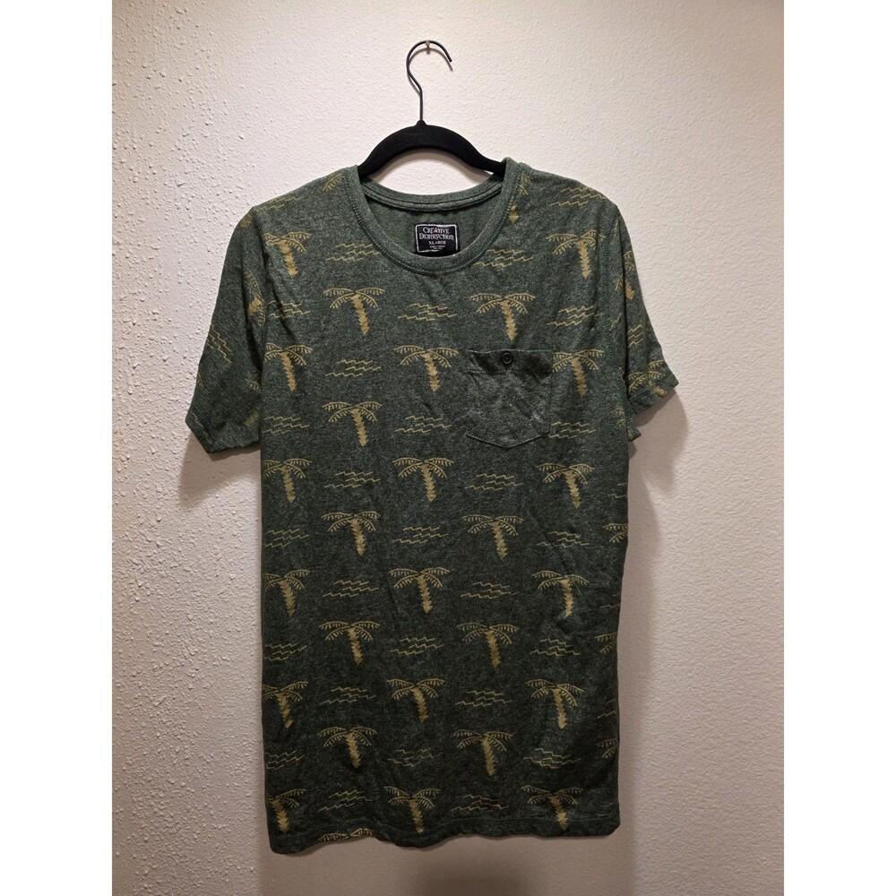 Creative Destruction Shirt Men XL Green Palm Tree Tropical Allover Print Pocket